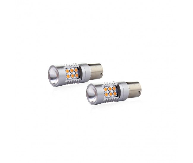 Set becuri auto cu LED CANBUS compatibil P21W BA15S 24 SMD 6.2W Orange 12/24V, destinat competitiilor auto sau off-road