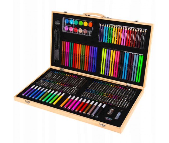 Set 180 piese pentru desen pentru copii sau adulti, creioane colorate, vopsele si markere, cu geanta de transport din LEMN MASIV, model AVX-WT-ART-10