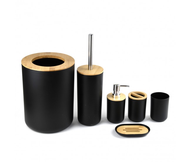 Set Elegant pentru baie format din 6 piese, ABS + lemn, culoare negru/maro