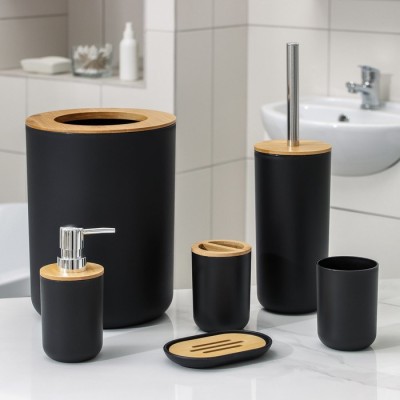 Set Elegant pentru baie format din 6 piese, ABS + lemn, culoare negru/maro