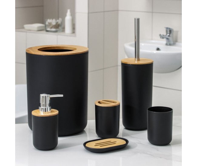 Set Elegant pentru baie format din 6 piese, ABS + lemn, culoare negru/maro