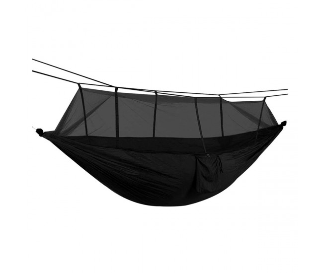 Hamac turistic din nylon cu plasa de tantari, culoare neagra, dimensiuni 260 cm x 140 cm