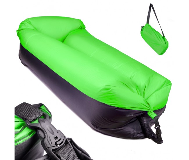 Saltea Autogonflabila Lazy Bag tip sezlong, 185 x 70cm, culoare Negru-Verde, pentru camping, plaja sau piscina