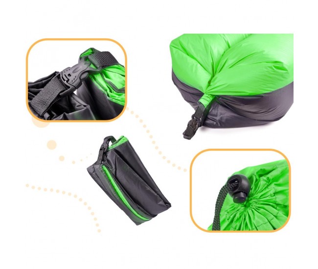 Saltea Autogonflabila Lazy Bag tip sezlong, 185 x 70cm, culoare Negru-Verde, pentru camping, plaja sau piscina