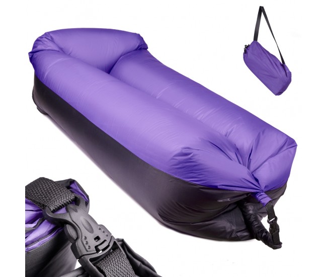 Saltea Autogonflabila Lazy Bag tip sezlong, 185 x 70cm, culoare Negru-Violet, pentru camping, plaja sau piscina