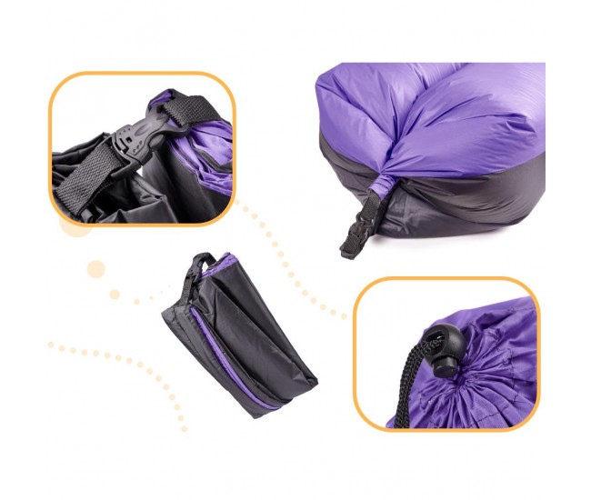 Saltea Autogonflabila Lazy Bag tip sezlong, 185 x 70cm, culoare Negru-Violet, pentru camping, plaja sau piscina