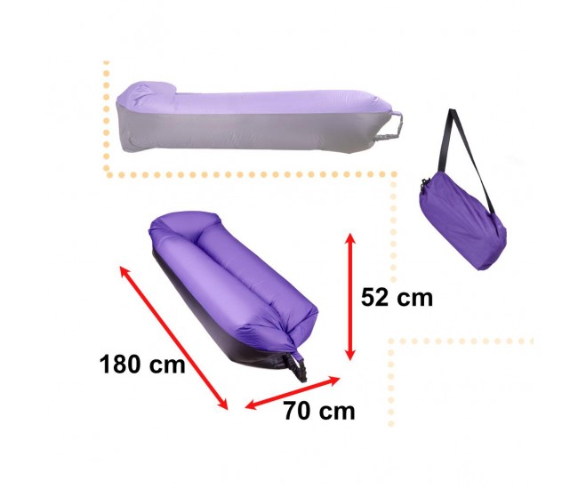 Saltea Autogonflabila Lazy Bag tip sezlong, 185 x 70cm, culoare Negru-Violet, pentru camping, plaja sau piscina