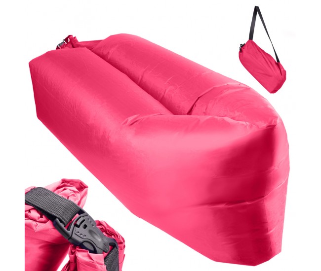 Saltea Autogonflabila Lazy Bag tip sezlong, 230 x 70cm, culoare Roz, pentru camping, plaja sau piscina