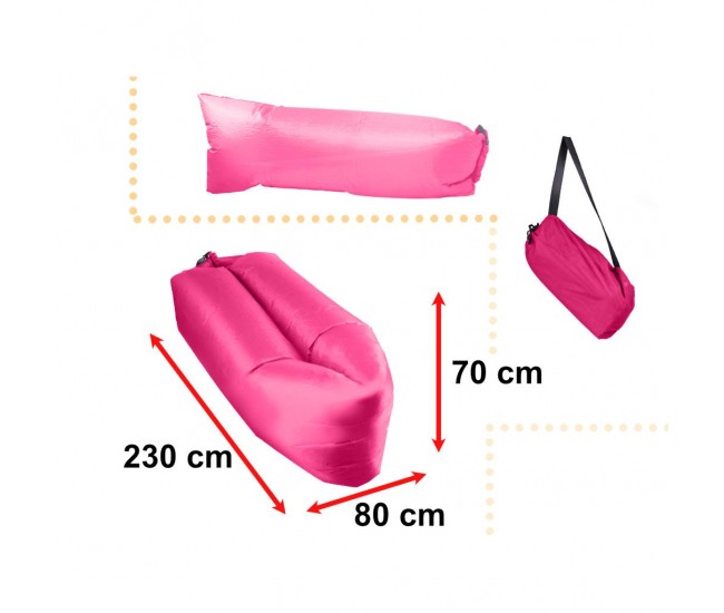 Saltea Autogonflabila Lazy Bag tip sezlong, 230 x 70cm, culoare Roz, pentru camping, plaja sau piscina