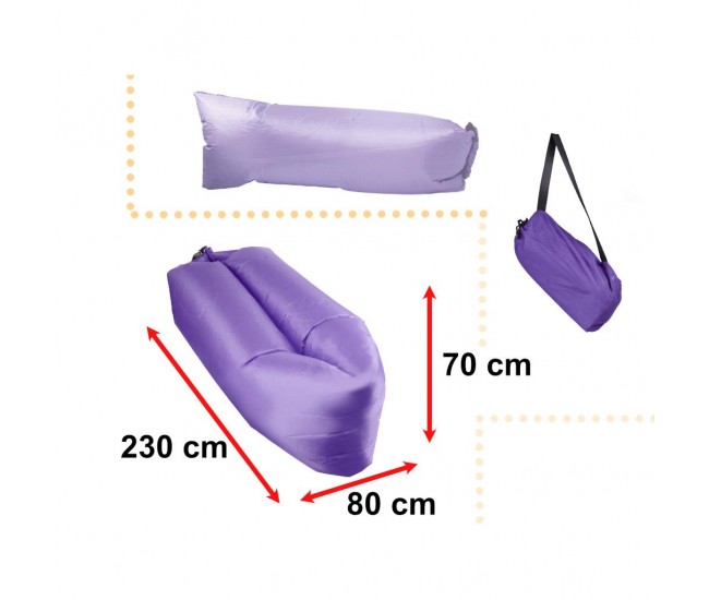 Saltea Autogonflabila Lazy Bag tip sezlong, 230 x 70cm, culoare Violet, pentru camping, plaja sau piscina