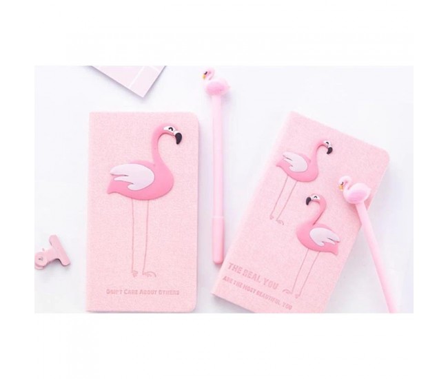 Set Cadou pentru Copii, Caiet cu Flamingo finisat cu piele ecologica + Pix cu Flamingo