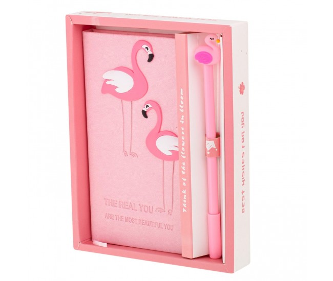 Set Cadou pentru Copii, Caiet cu Flamingo finisat cu piele ecologica + Pix cu Flamingo