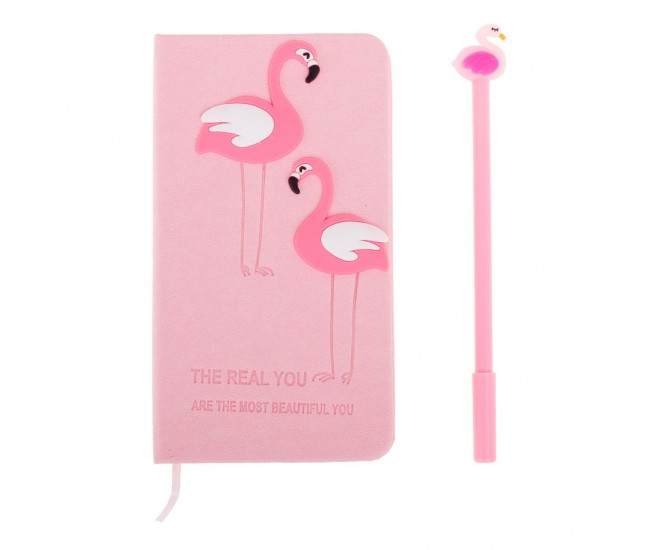 Set Cadou pentru Copii, Caiet cu Flamingo finisat cu piele ecologica + Pix cu Flamingo