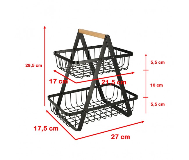 Cos de fructe cu doua etaje, pliabil, lemn + metal, culoare neagra