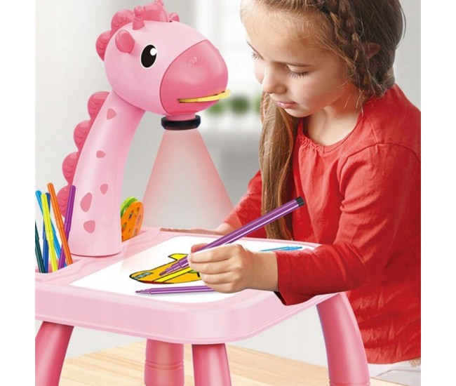 Masa Muzicala de Desen pentru copii cu Proiector, model Girafa, culoare Roz, 24 imagini, AVX-WT-222-2-PINK-GIRAFFE