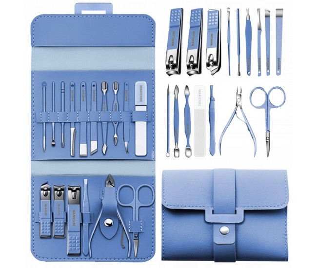 Set Manichiura si Pedichiura 16-in-1 cu plic din piele ecologica, model MANI-CUT BLUE, culoare Albastra