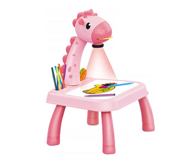 Masa Muzicala de Desen pentru copii cu Proiector, model Girafa, culoare Roz, 24 imagini, AVX-WT-222-2-PINK-GIRAFFE