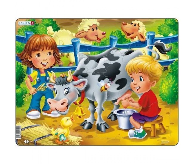 Puzzle Copiii la Ferma cu Vaca, 18 Piese Larsen LRBM5