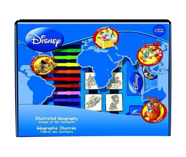 Set educativ cu stampile Geografia Disney 23 piese, 7 stampile, tus, 12 carioci, rigla, harta lumii si caiet cu activitati Multiprint MP1938