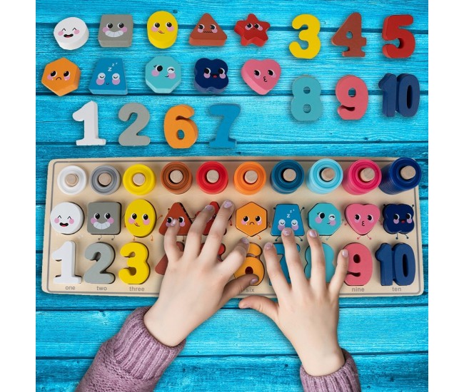 Puzzle din lemn Montessori Malplay cu cifre, forme si alte accesorii