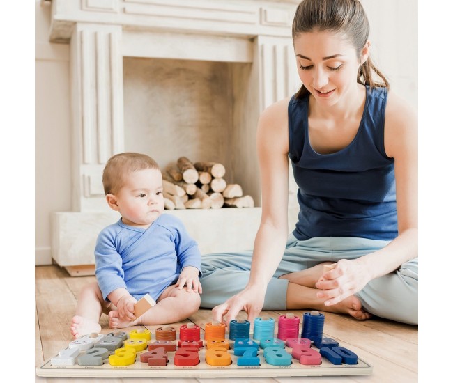 Puzzle din lemn Montessori Malplay cu cifre, forme si alte accesorii