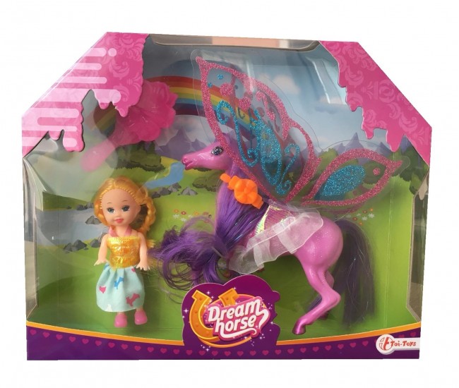 Set calut cu aripi Dream Horse cu sclipici si papusa