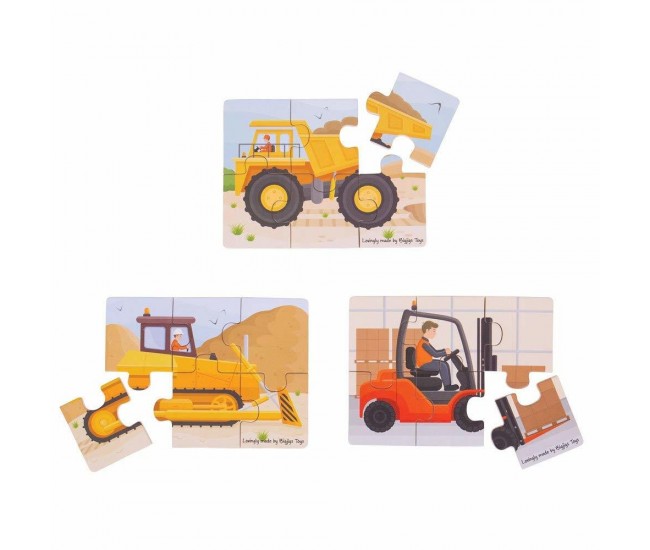 Set 3 puzzle din lemn - Vehicule pentru constructii