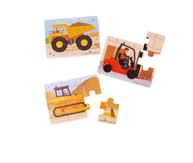 Set 3 puzzle din lemn - Vehicule pentru constructii