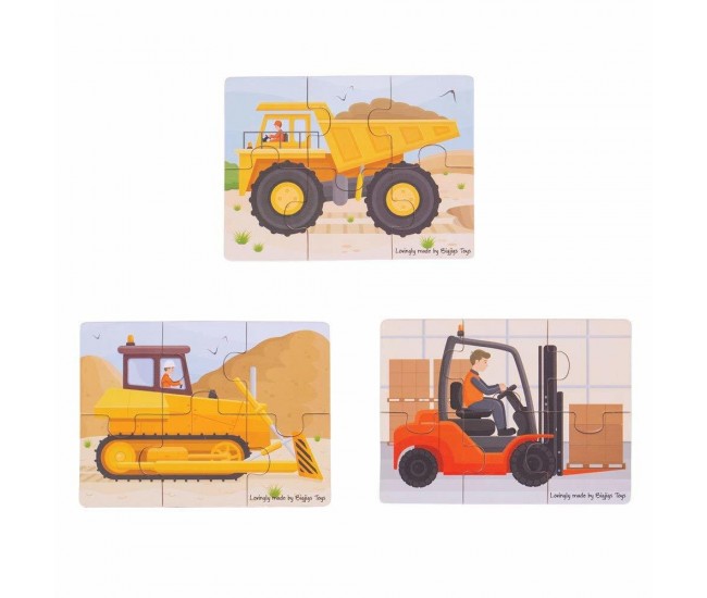 Set 3 puzzle din lemn - Vehicule pentru constructii