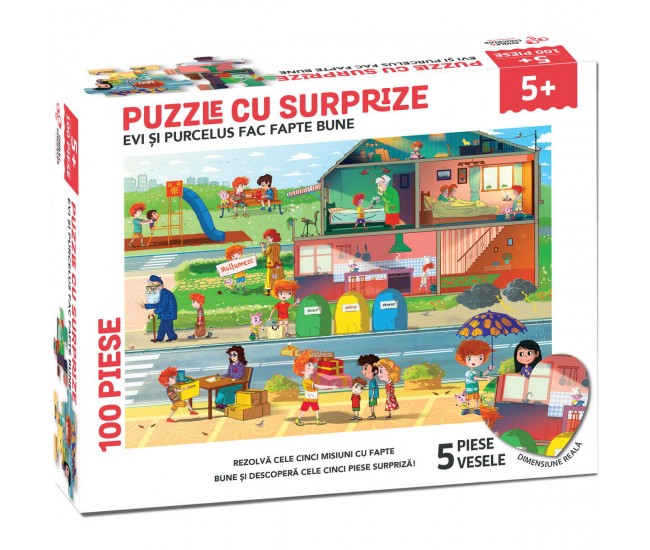 Puzzle cu surprize - Evi si Purcelus fac fapte bune (100 piese)