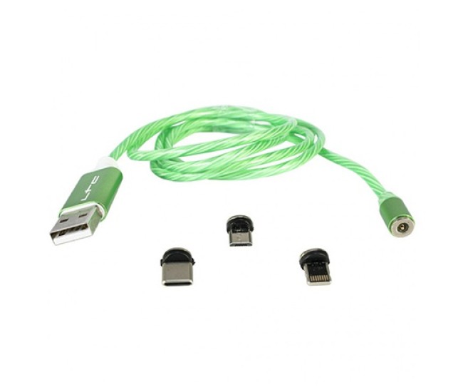 Cablu 1m 3in1 tip c/iphone/micro usb iluminat led verde