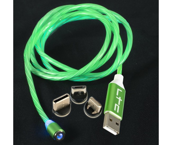 Cablu 1m 3in1 tip c/iphone/micro usb iluminat led verde