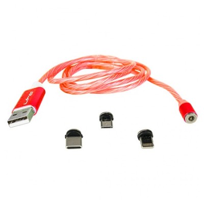 Cablu 1m 3in1 tip c/iphone/micro usb iluminat led rosu