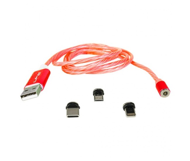 Cablu 1m 3in1 tip c/iphone/micro usb iluminat led rosu