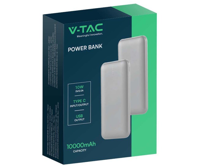 Power bank 10000mah cu cablu 30cm tip c  -  argintiu