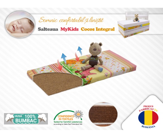 Saltea MyKids Fibra De Cocos Integral 120x60x08 Husa Bumbac Imprimat