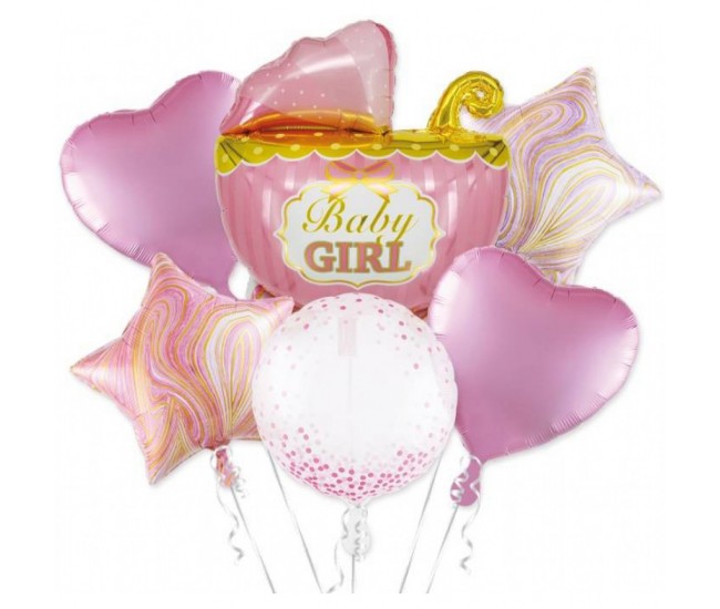 Set 6 baloane de folie carucior roz Baby girl