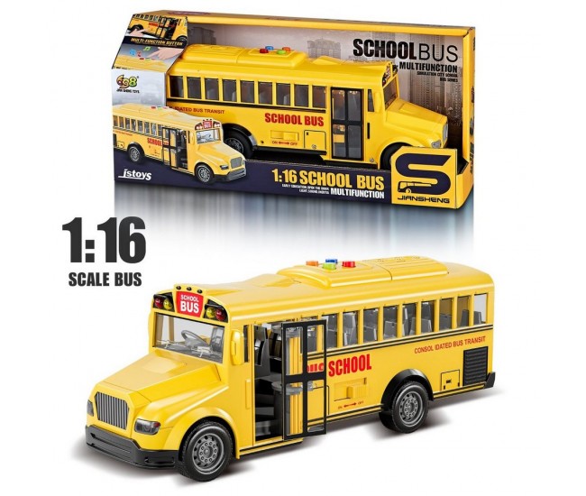 Autobuz scolar cu sunete, lumini si usi deschise School Bus scara 1:16 galben 