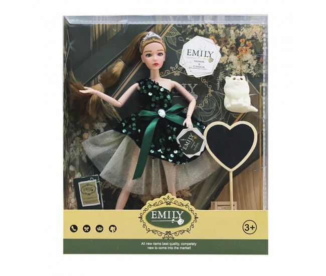 Papusa Emily 30 cm cu rochita eleganta si figurina bufnita 