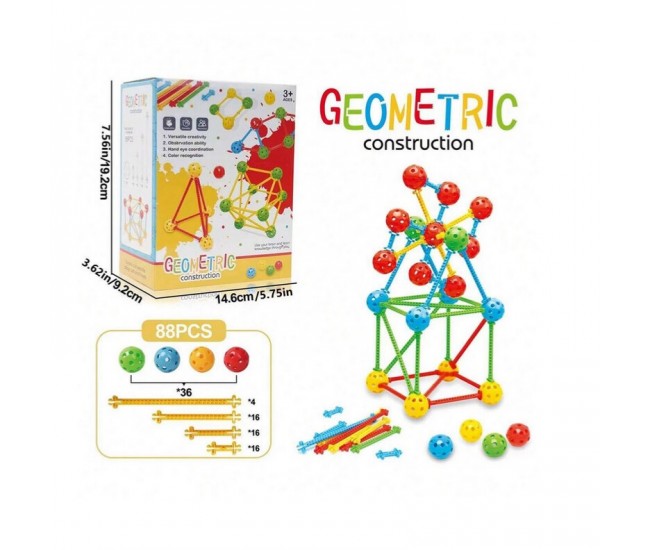 Set educativ asamblare Geometrie cu bile si bete 88 piese