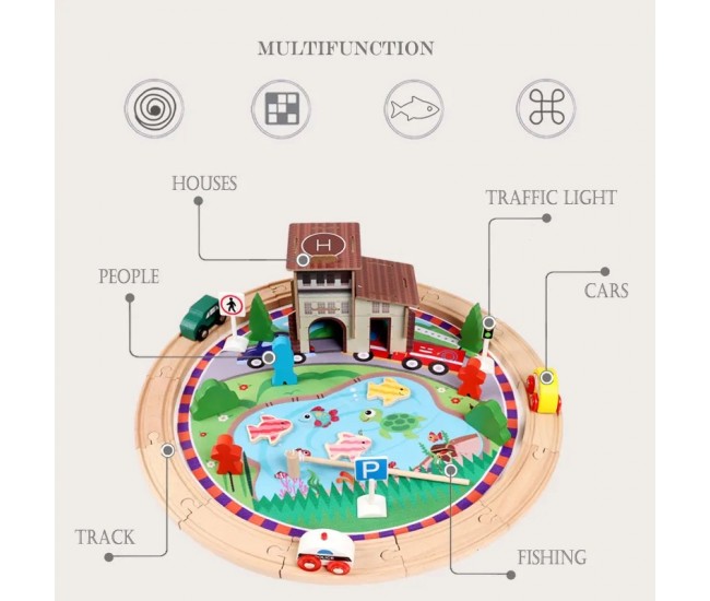Set de joaca circuit din lemn cu joc pescuit magnetic 39 piese