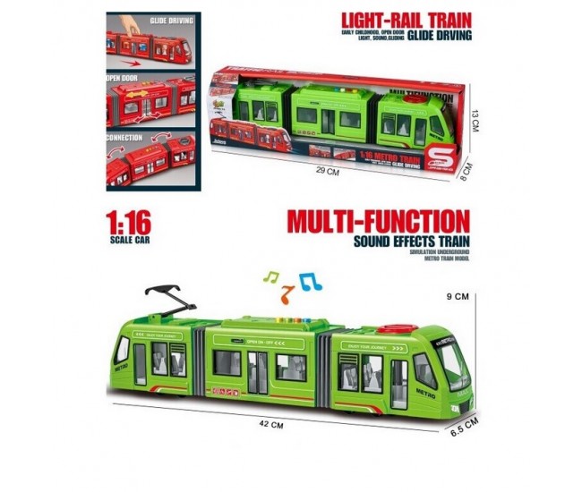 Tramvai cu sunete, lumini si functie usi deschise 42 cm verde