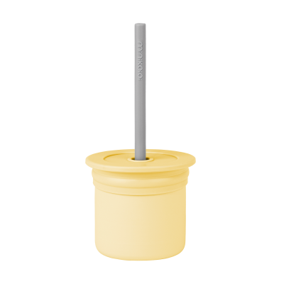 Cana cu pai si recipient gustari minikoioi, 100% premium silicone, sip+snack – mellow yellow/powder grey