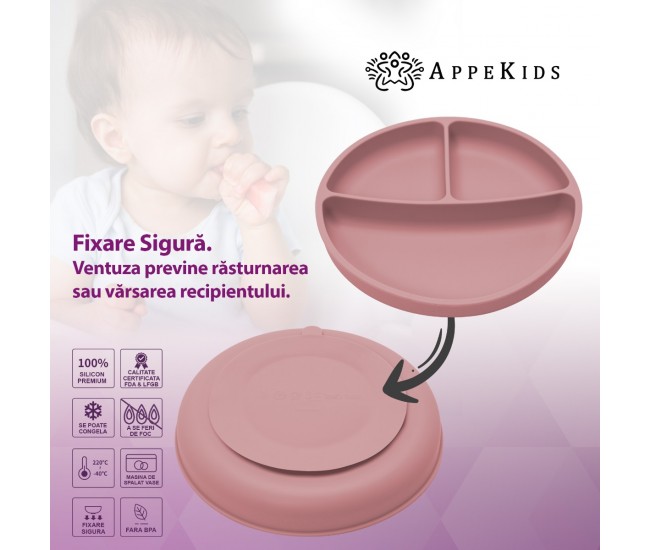 Farfurie compartimentata din silicon cu ventuza, appekids - old rose