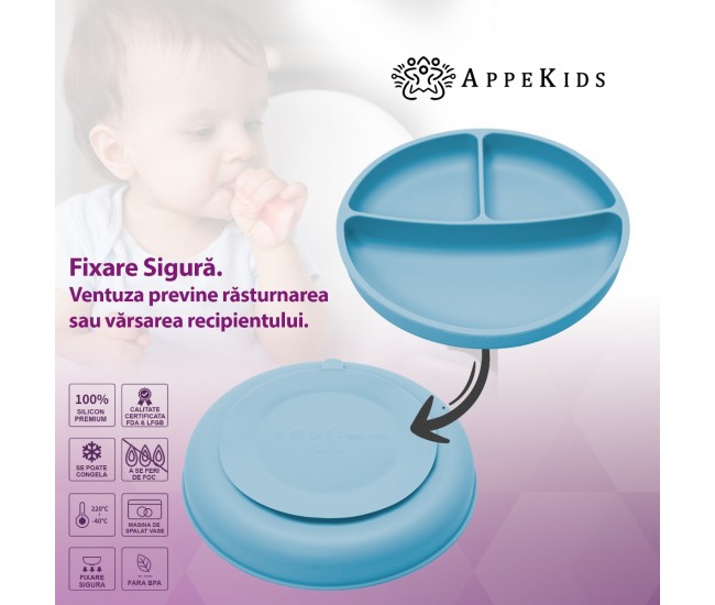 Farfurie compartimentata din silicon cu ventuza, appekids - aqua blue