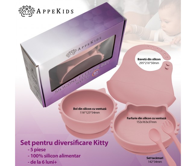 Set diversificare, appekids, 100% silicon, kitty - old rose
