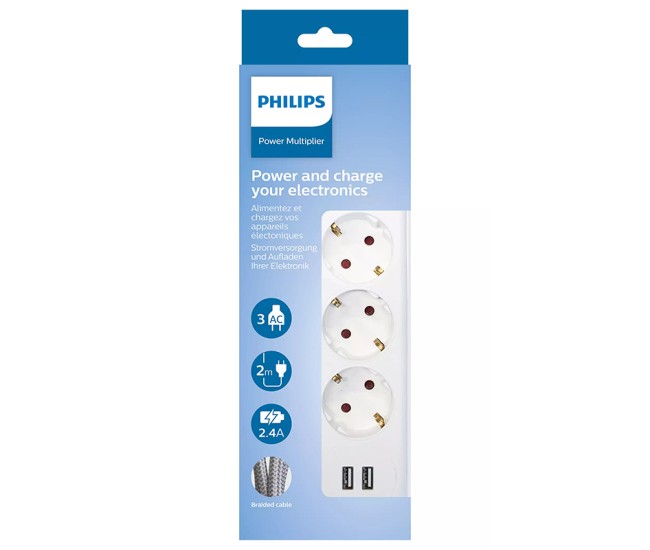 Prelungitor 3 prize 2m 2 x usb philips