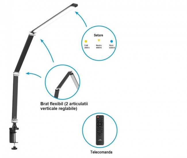 Lampa de masa ETA 2893 90000, 10 W, LED, brat flexibil, reglare intensitate lumina, telecomanda, negru