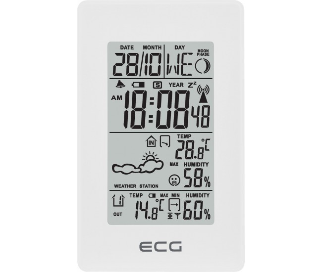 Statie meteo interior-exterior ECG MS 100 White, senzor extern fara fir, LCD, ceas, alarma