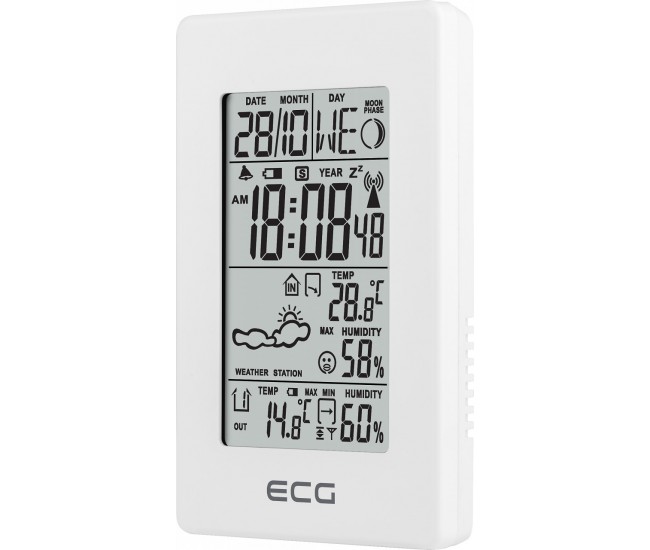 Statie meteo interior-exterior ECG MS 100 White, senzor extern fara fir, LCD, ceas, alarma